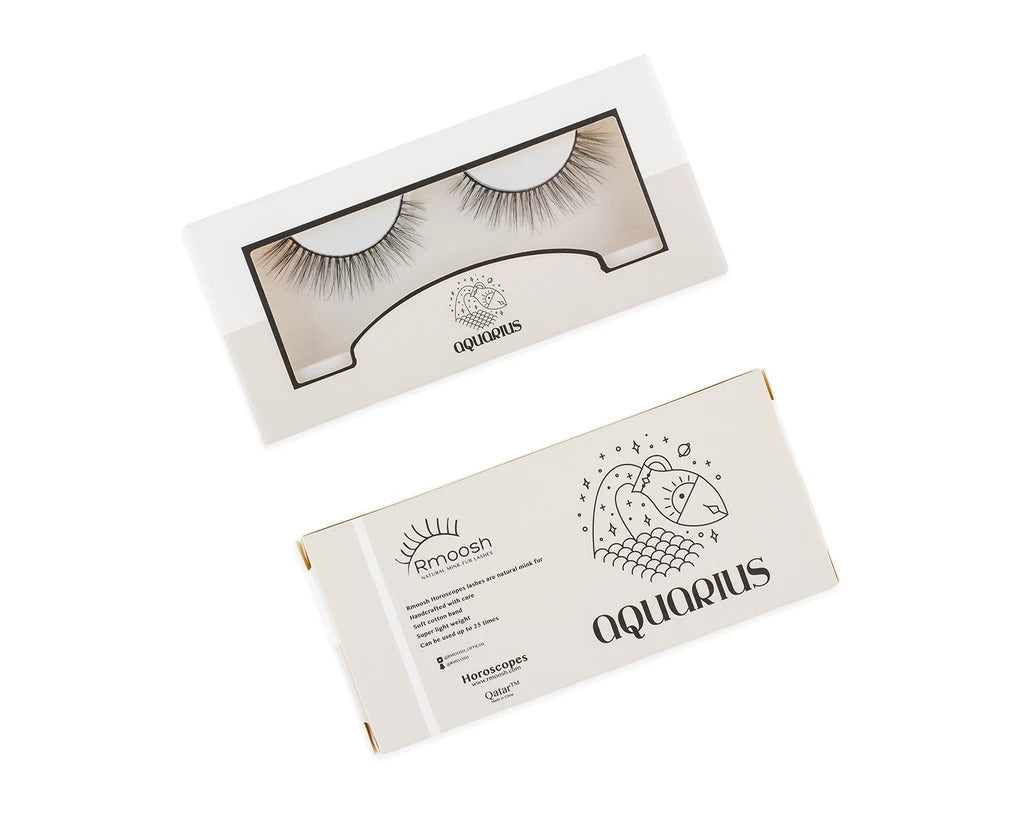 Rmoosh Official Aquarius Mink Lashes showing long, fluffy false eyelashes with a natural curl, designed for a bold eye look