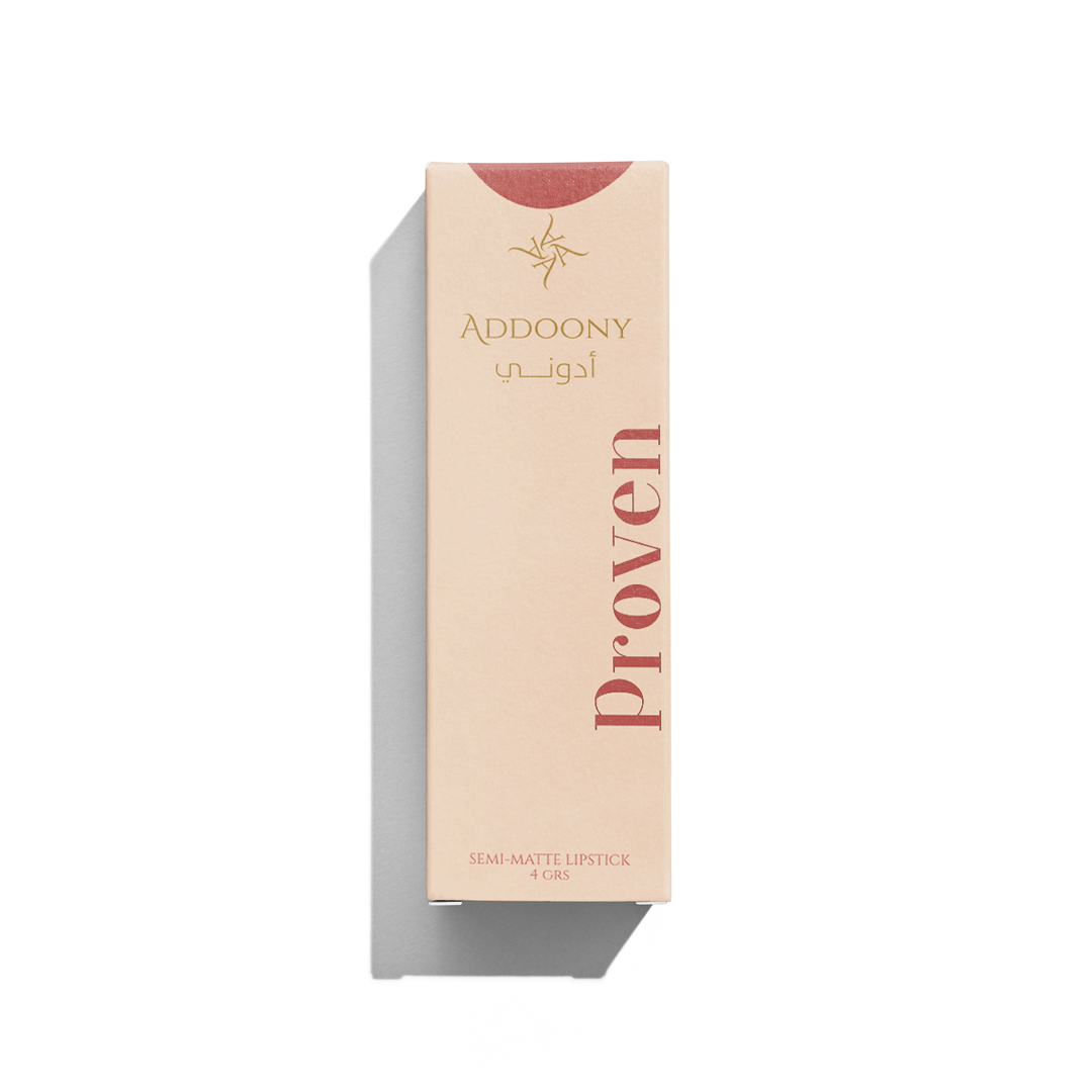 Addoony Beauty Proven Lipstick (Deem) in a sleek tube, showcasing its rich, matte lipstick shade.