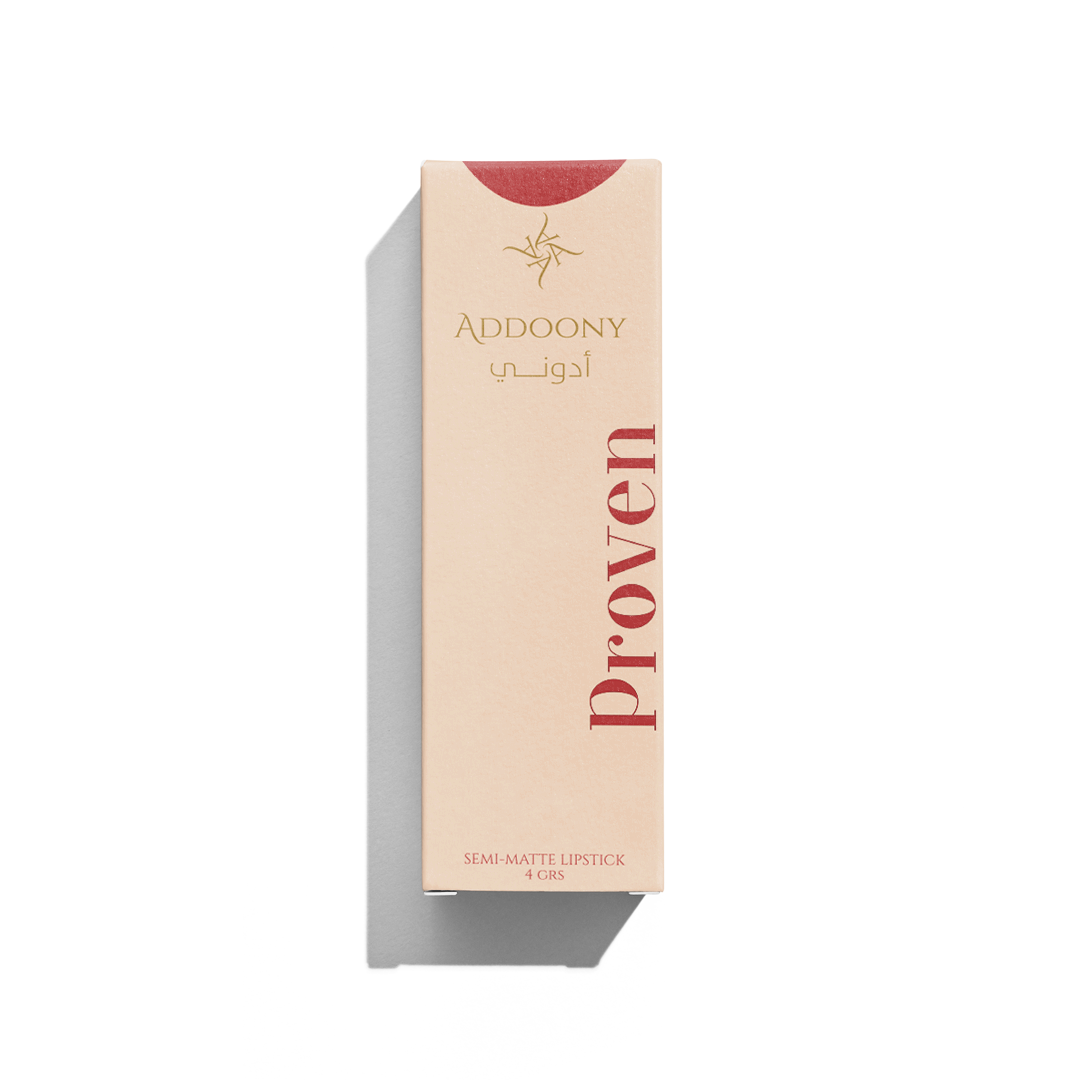 Addoony Beauty Proven Lipstick in Qataf shade, showcasing a vibrant lipstick tube with the product name and brand.