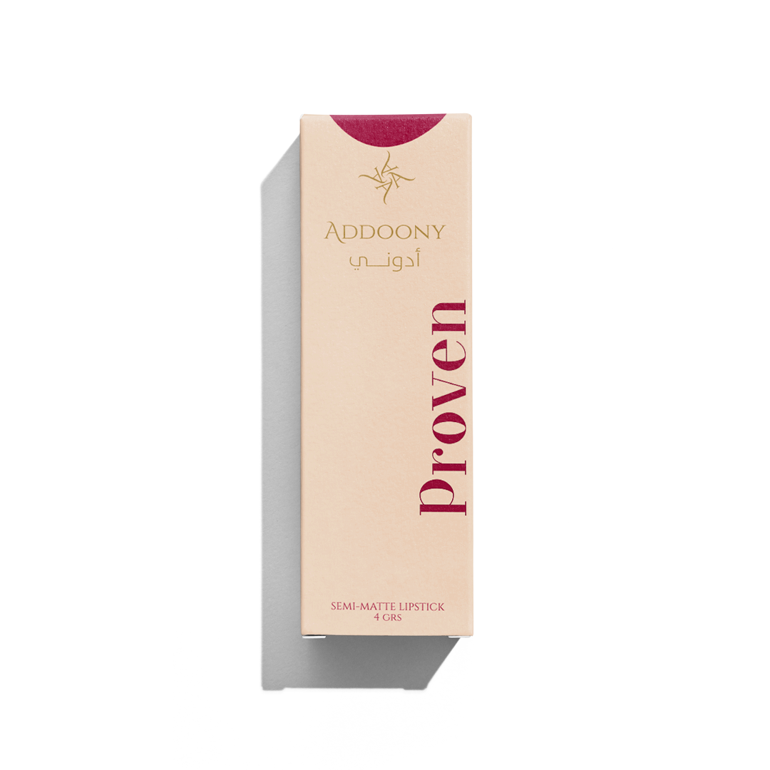 Addoony Beauty Proven Lipstick Taulah with a sleek lipstick tube and rich color swatch in a close-up image.