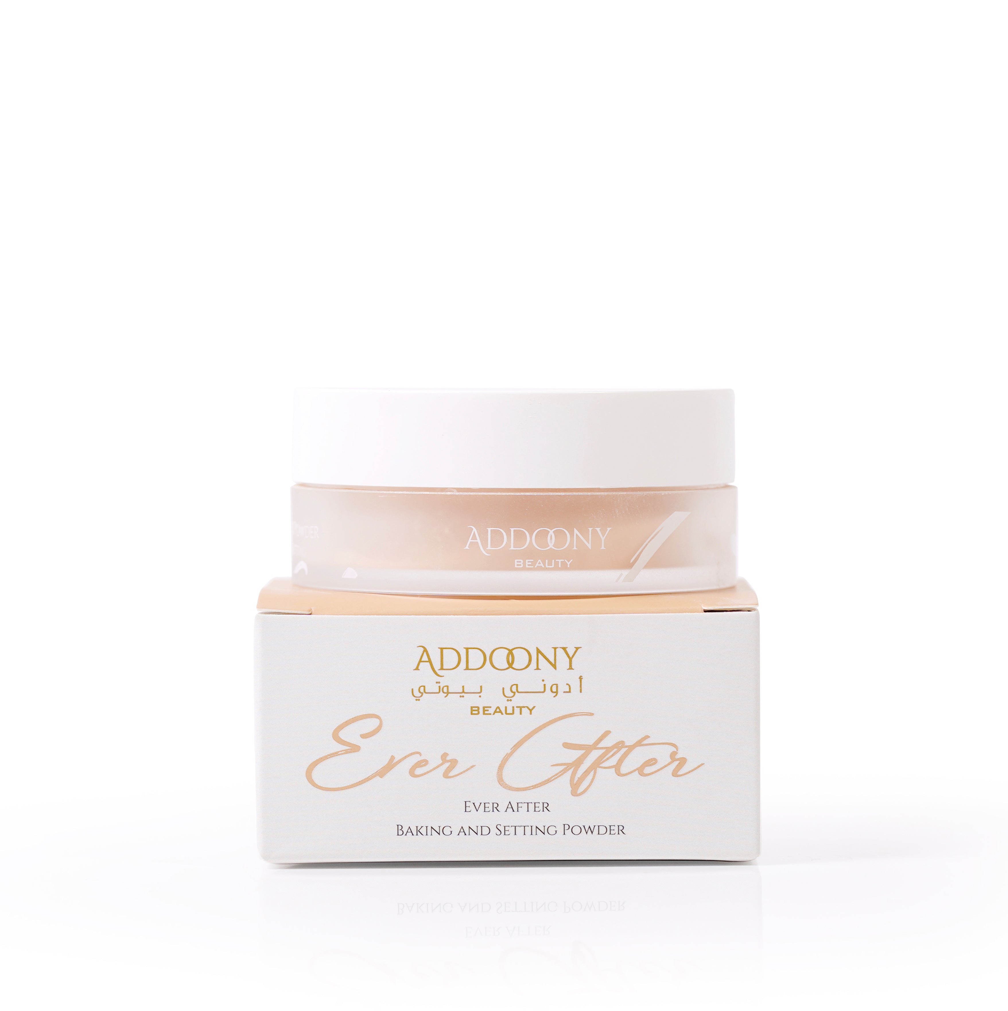 Addoony Ever After Powder by Addoony Beauty, a fine baking and setting powder in a sleek container, ready for makeup application.