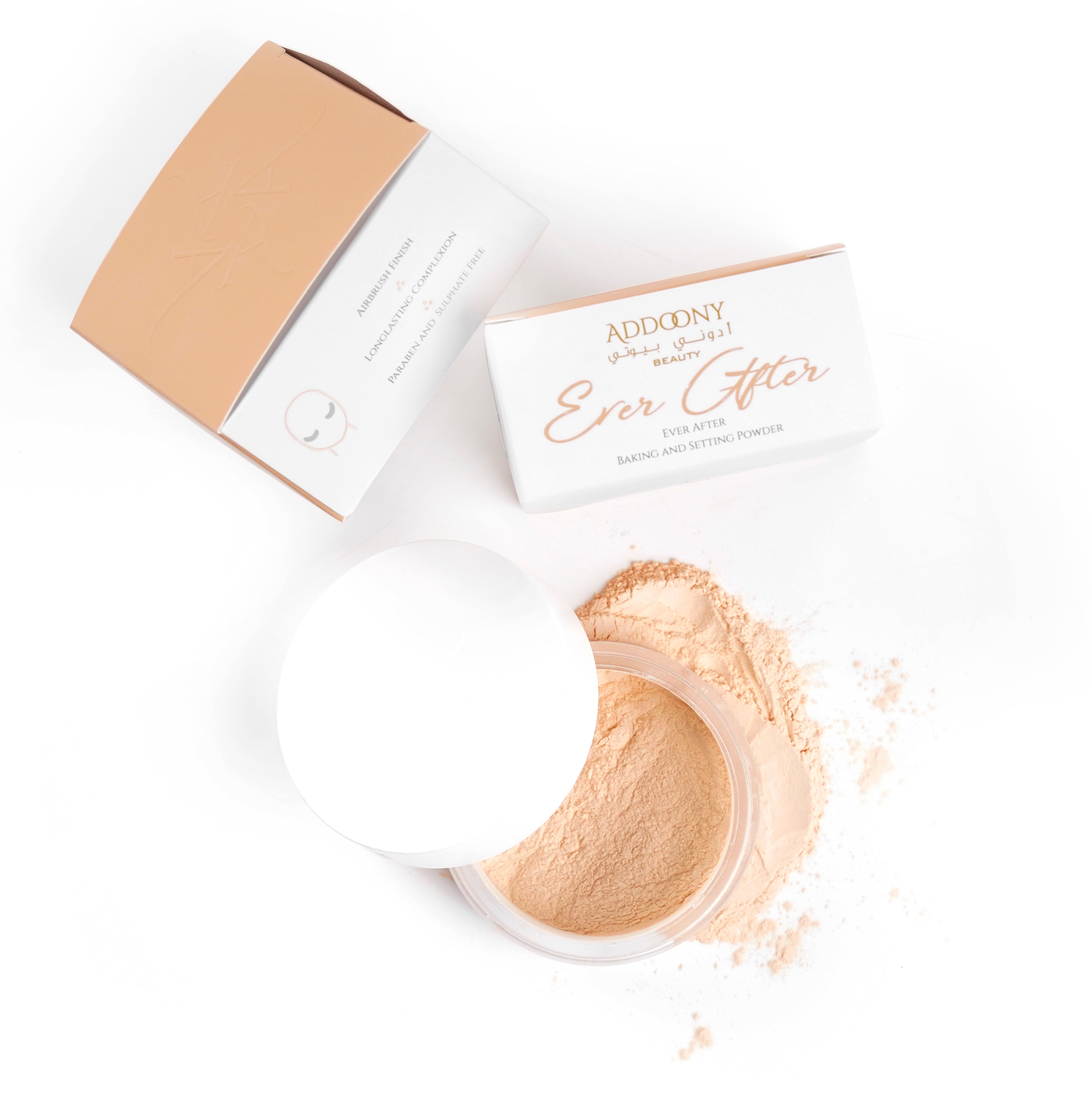 Addoony Ever After Powder baking and setting powder in a sleek jar, used for flawless makeup finishing and setting.