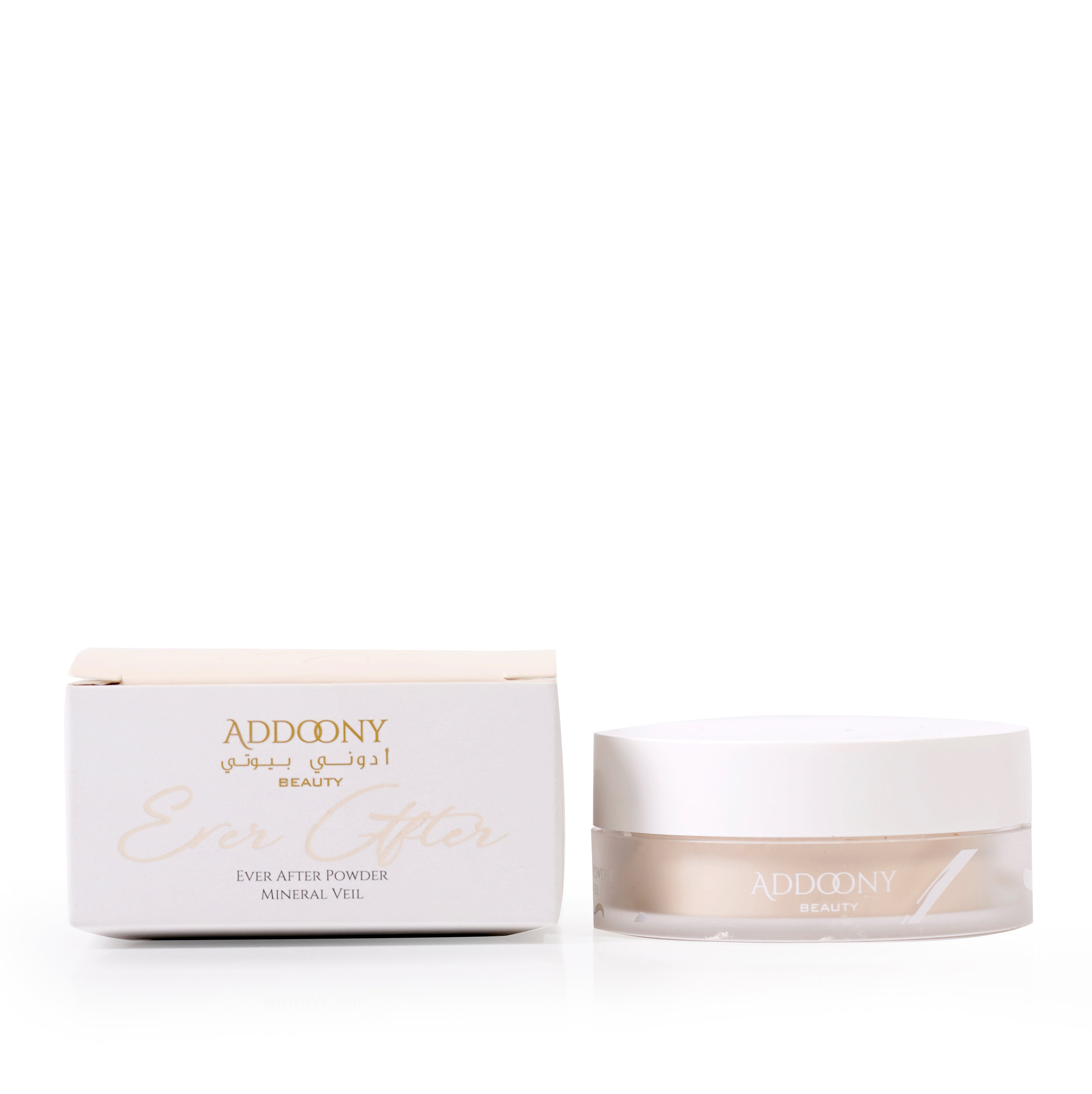 Addoony Ever After Powder mineral veil in a sleek container, showcasing its fine, translucent powder texture for a natural finish.