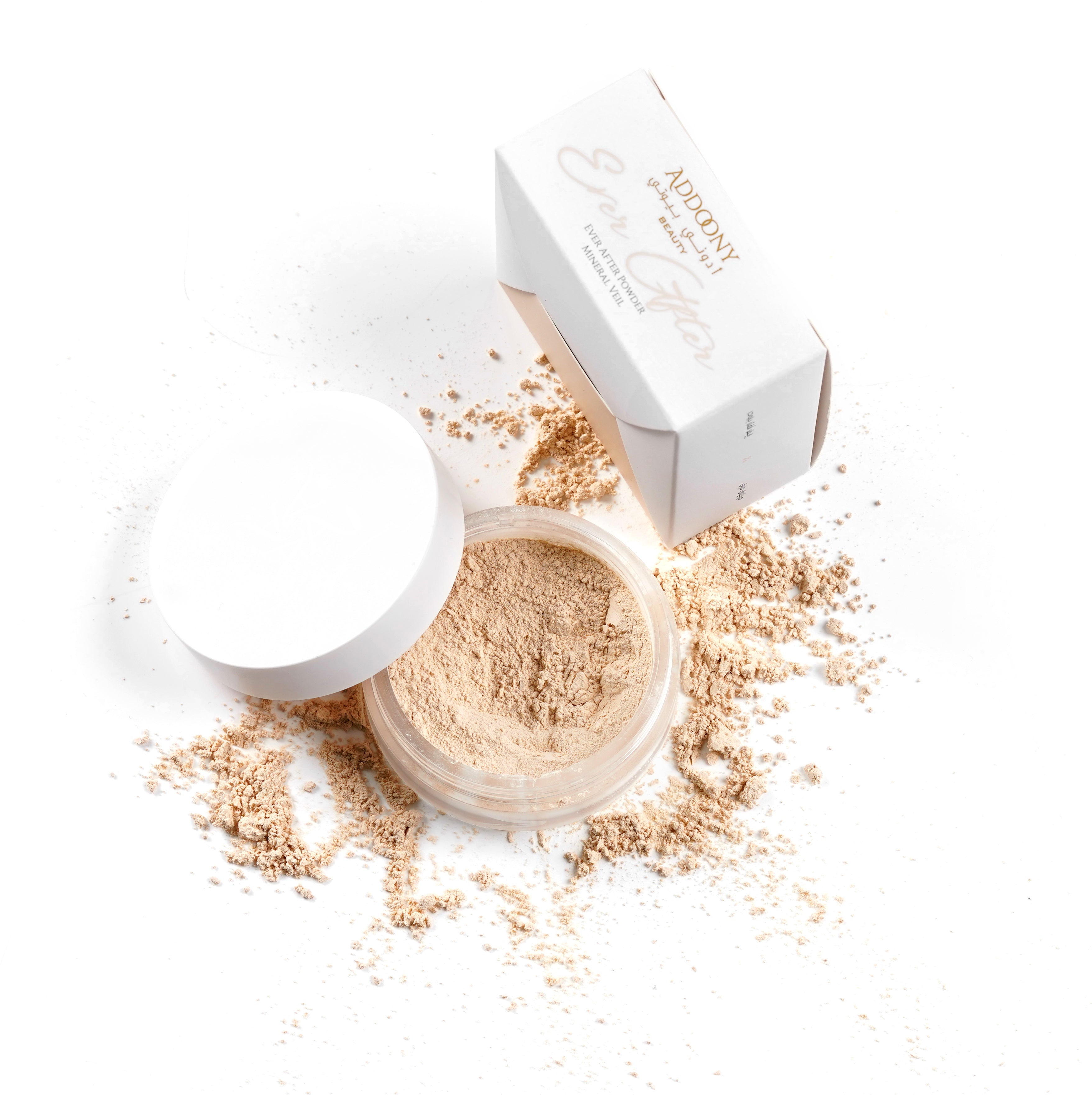 Addoony Ever After Powder mineral veil in a sleek container, showcasing its soft, translucent powder texture for a natural finish.