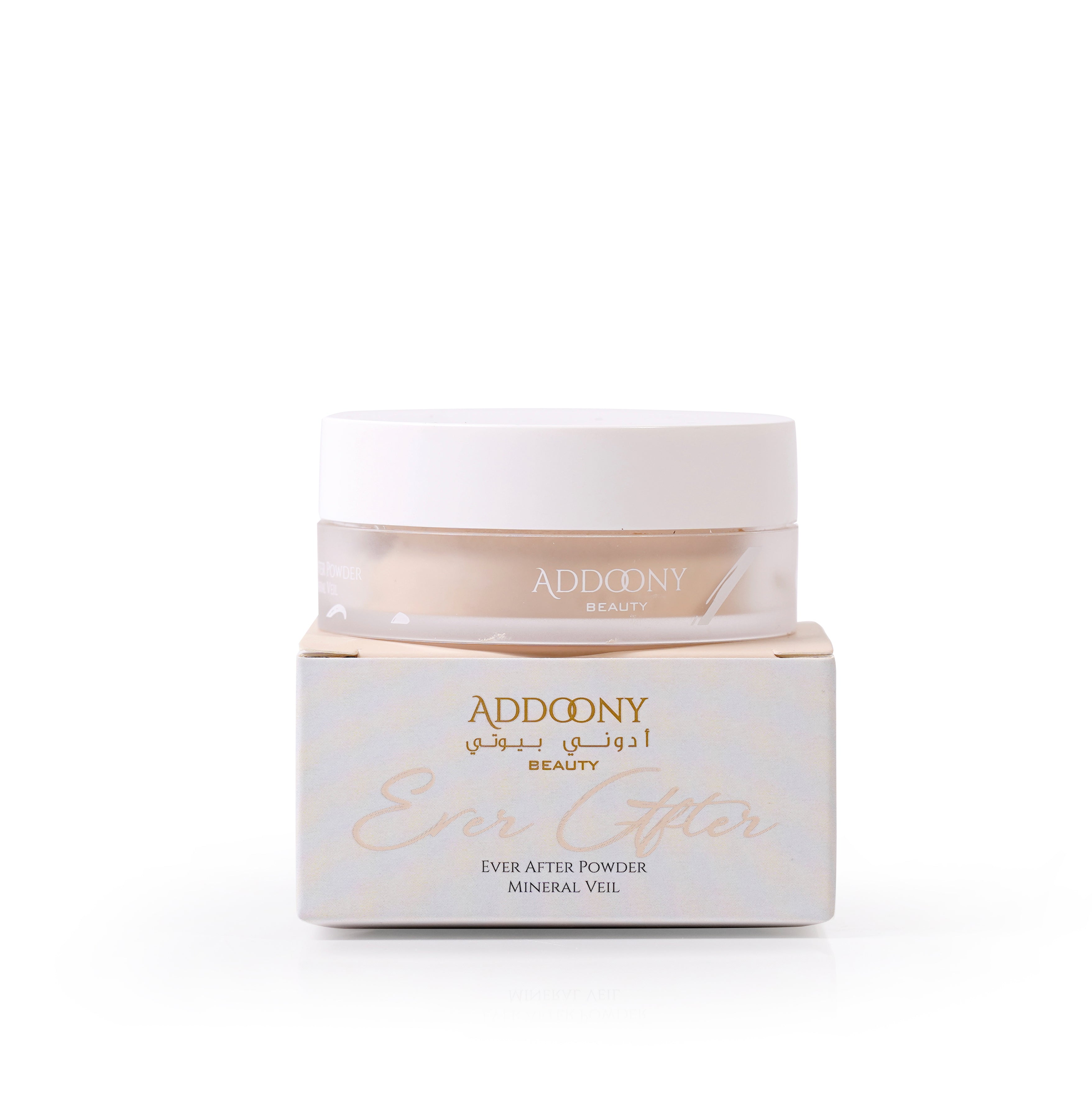 Addoony Ever After Powder mineral veil in a sleek container, showcasing its fine, translucent powder texture for a natural finish.