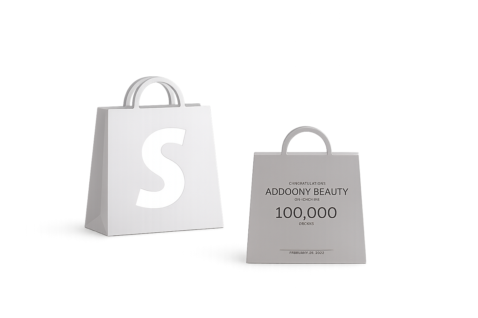 Two white paper shopping bags on a light gray background. The larger bag on the left has a large white letter 'S' on the front, and the smaller bag on the right has printed text reading 'ADDONY BEAUTY' and '100,000 RMB'.