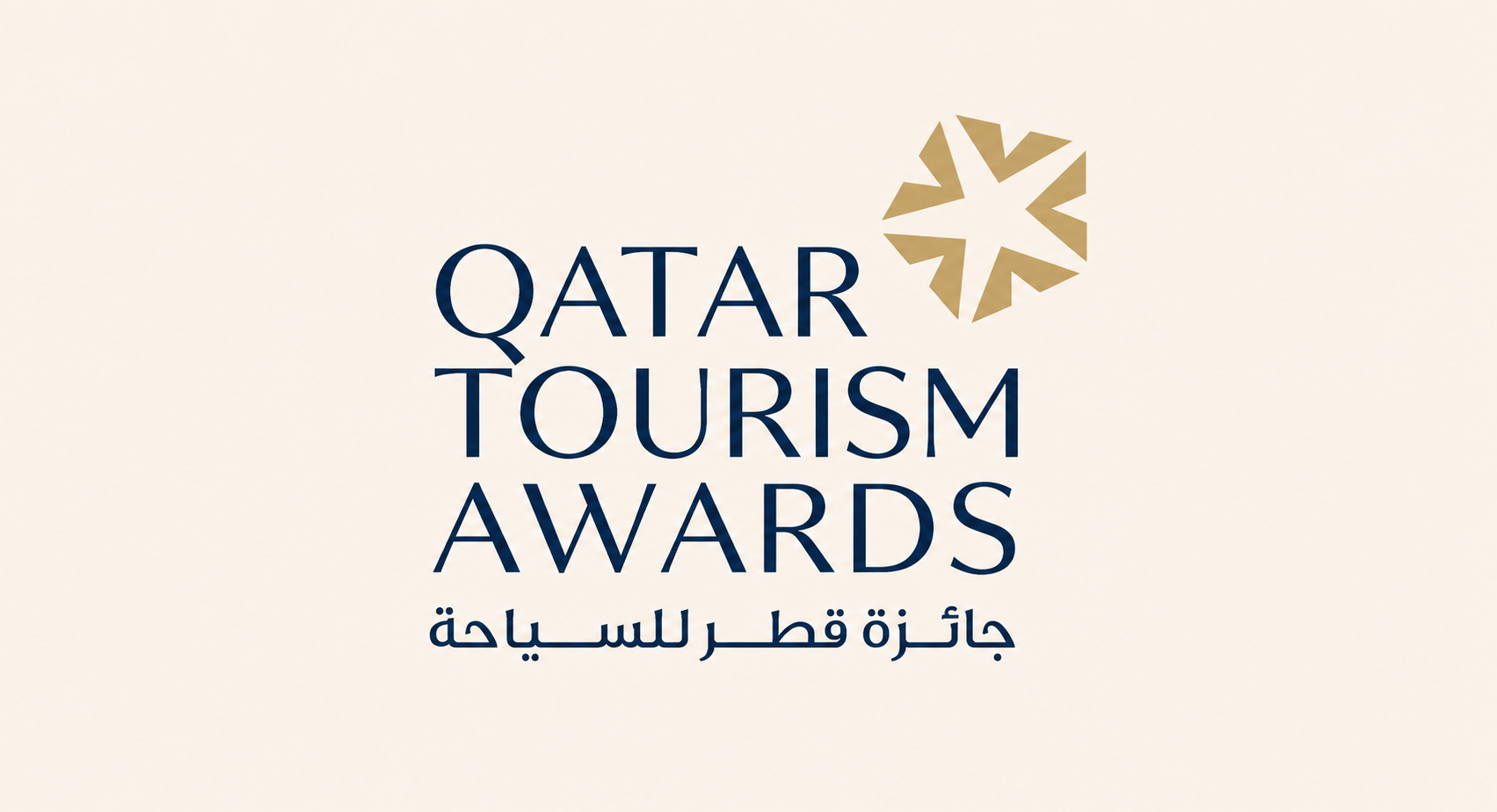 Qatar Tourism Awards logo with dark blue text and a gold starburst icon on a light beige background.