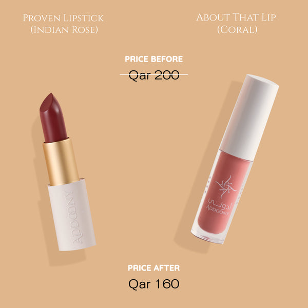Addoony Better Together - Proven Lipstick (Indian Rose) + About That Lip (Coral) أفضل معاً: روج زهرة الهند + أباوت ذات ليب مرجان