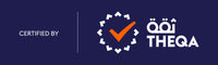 THEQA certification logo on a dark blue background