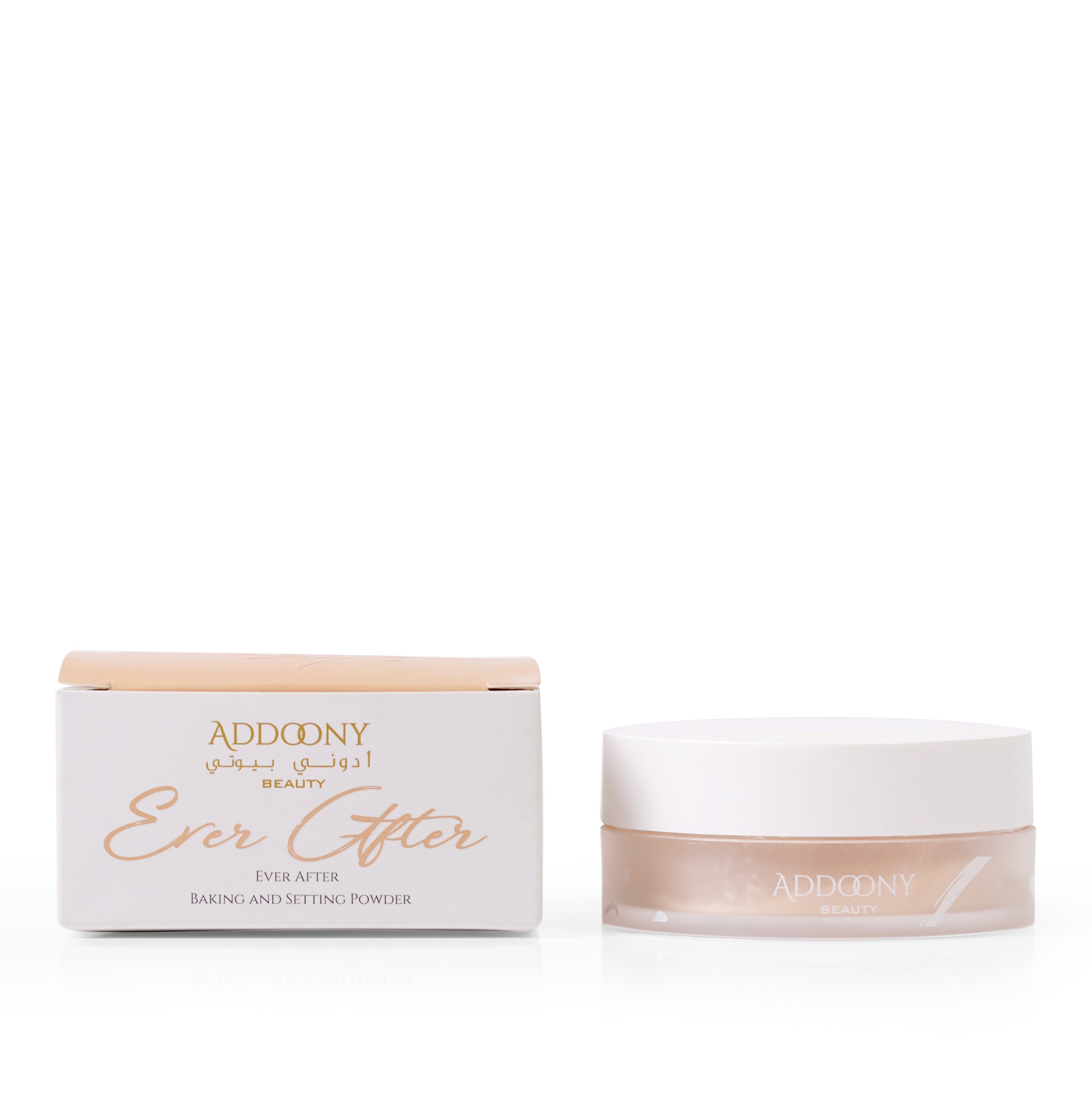 Addoony Ever After Powder, a baking and setting powder from Addoony Beauty, shown in a sleek jar with a fine, smooth texture.