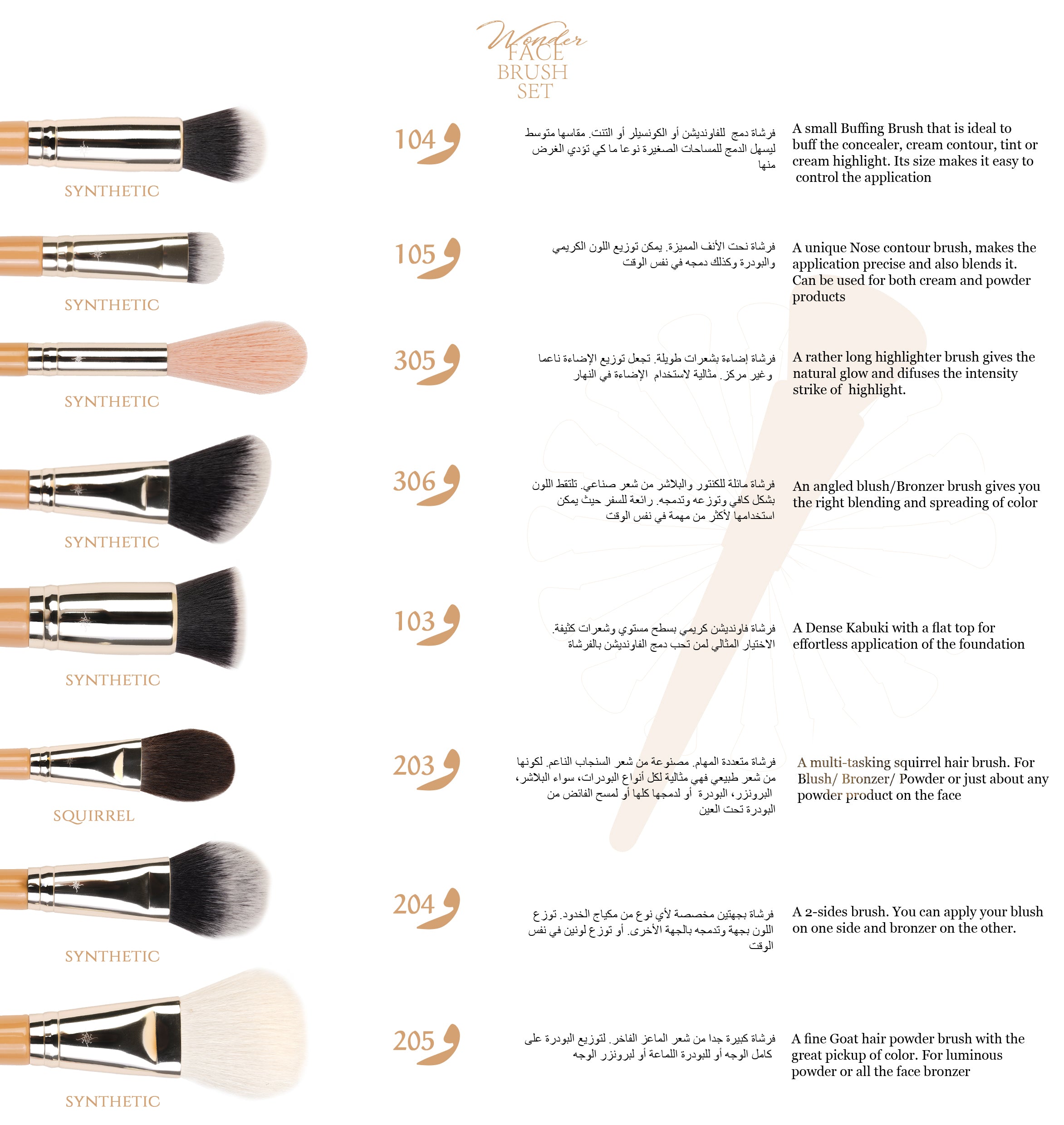 Addoony Beauty face brush set with 8 various brushes for makeup application, shown arranged neatly in a white case.